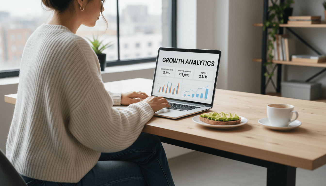Young professional content creator working on laptop with social media dashboard and growth analytics displayed on screen
